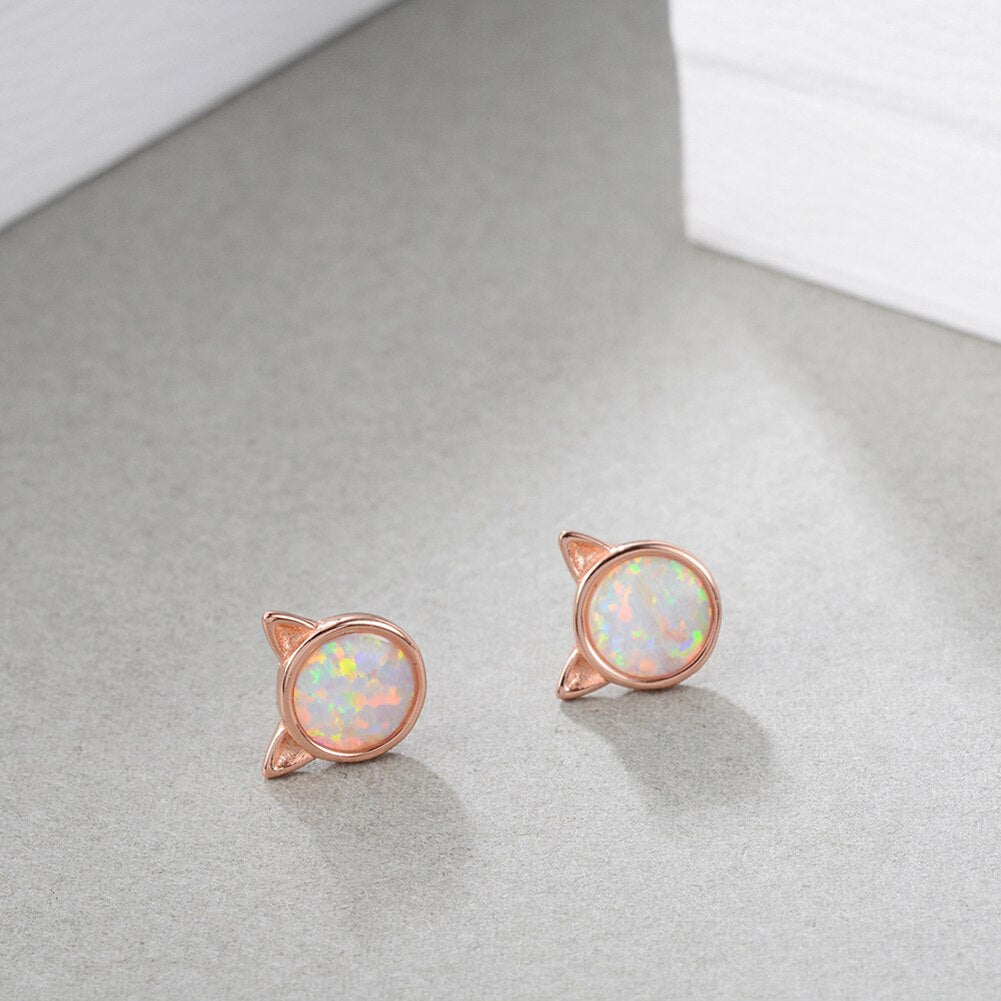 New Fashion Cute Women Silver Plated Faux Opal Inlaid Cats Ear Stud Earrings Jewelry Sweet Special Christmas Gift