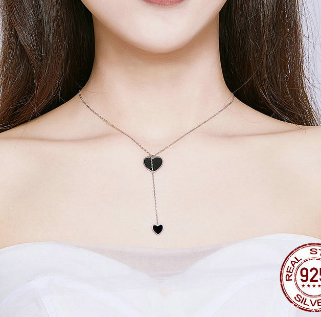 S925 Sterling Silver Black Heart Clavicle Chain Women  Necklace