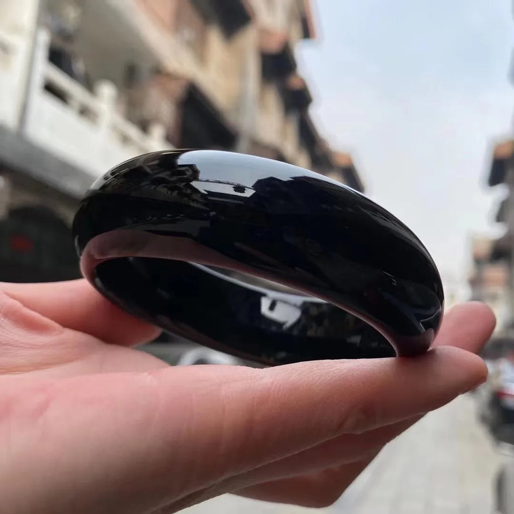 Women Real Jades Bangles Natural Black Chalcedony Certified Jades Stone Fine Jewelry Wide Bangle Bracelets Girlfriend Mom Gifts