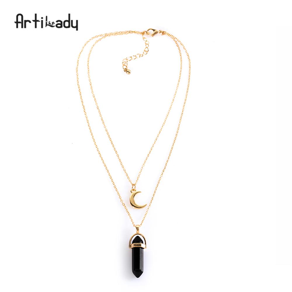 Artilady Natural Opal Moon Choker Necklace – Crystal Stone Pendant