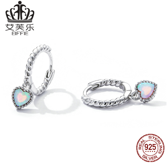 EIFFIE Silver S925 Love Opal Stud Earrings Platinum Plated Heart Shape Simple Buckle Earrings