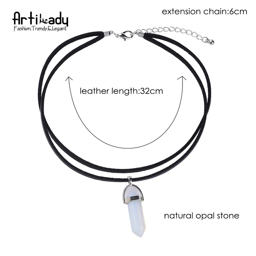 Artilady PU Leather Opal Choker Necklace – Women’s Fashion