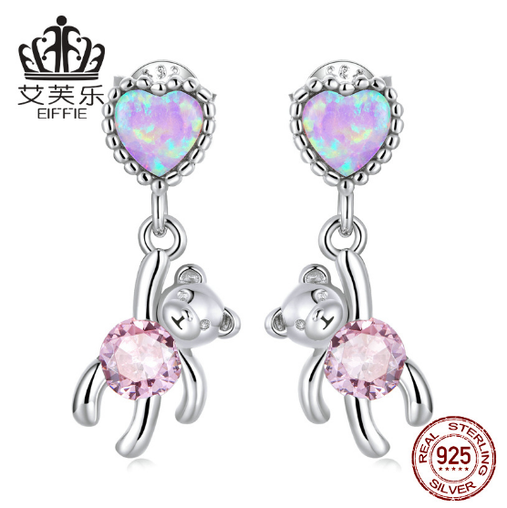 Avele Sterling Silver Love Bear Earrings S925 Pink Zircon Heart-Shaped Opal Animal Earrings