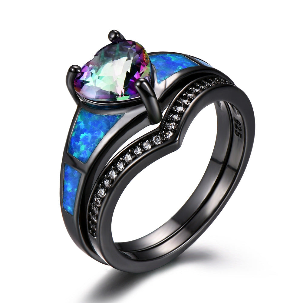 Heart Fire Opal Rings For Women Vintage Fashion Jewelry Engagement Black Gold Filled Rainbow Blue Birthstone Ring