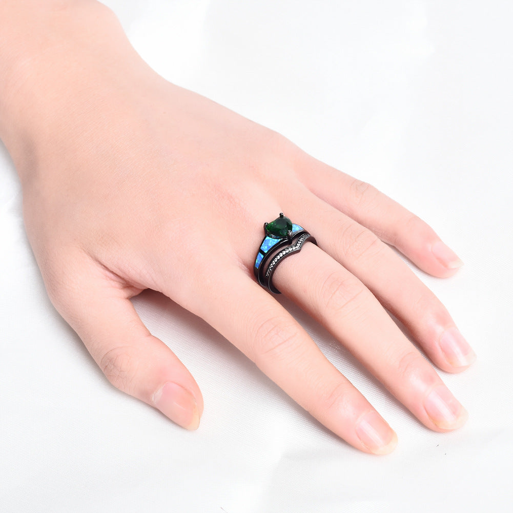 Heart Fire Opal Rings For Women Vintage Fashion Jewelry Engagement Black Gold Filled Rainbow Blue Birthstone Ring