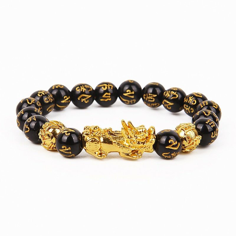 1pc Feng Shui 10-12mm Black Beads Alloy Wealth Bracelet Bangles With Golden Pixiu Charm bracelet  Gifts for Men Women