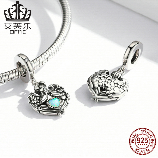Effie Original Sterling Silver S925 Angel Prayer Love Pendant Bracelet Zircon Opal Heart Pendant Accessories