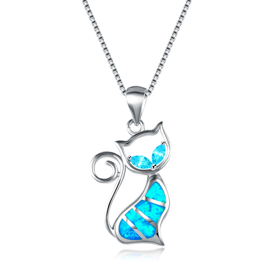 Cat Necklace Blue Fire Opal Pendants