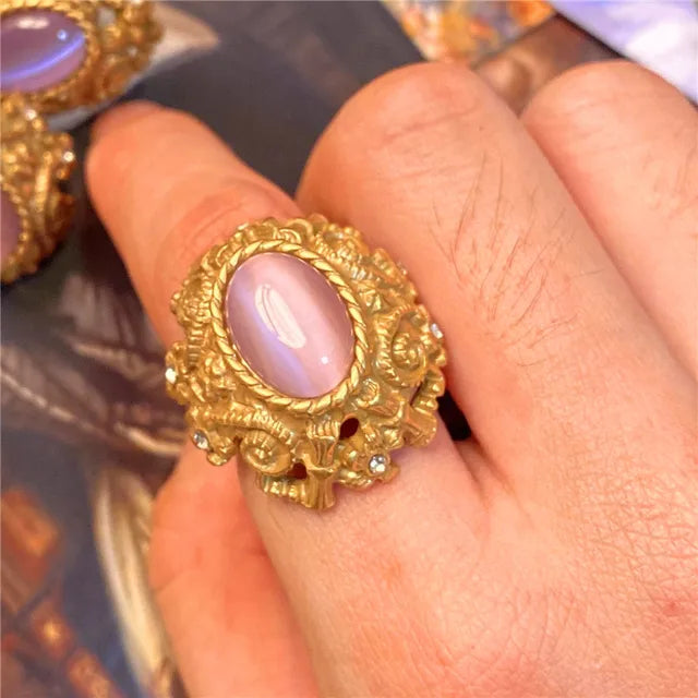 Vintage Metal Stud Earrings Natural Stone Opal Brass for Women Gold Color Jewelry New Elegant Travel Gift