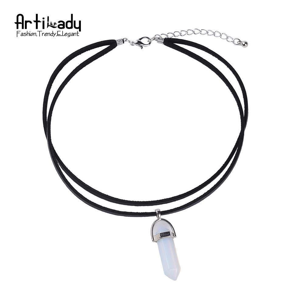 Artilady PU Leather Opal Choker Necklace – Women’s Fashion