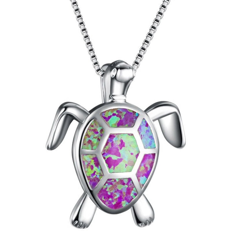 Silver Filled Blue Opal Sea Turtle Pendant Necklace Women Female Animal Wedding Ocean Beach Jewelry