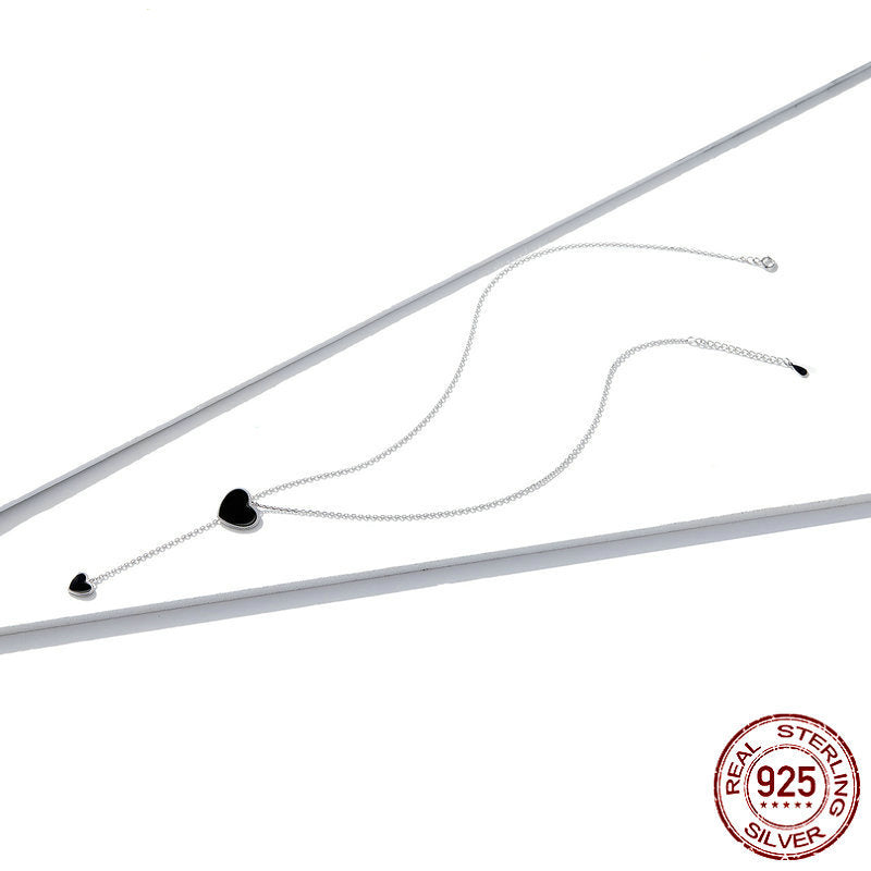 S925 Sterling Silver Black Heart Clavicle Chain Women  Necklace