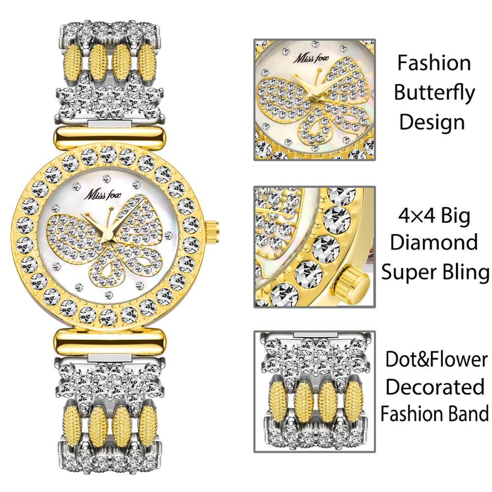 MISSFOX 2030 Butterfly Women Watches Luxury Brand Big Diamond 18K Gold Watch Waterproof Special Bracelet Expensive Ladies Wrist Watch