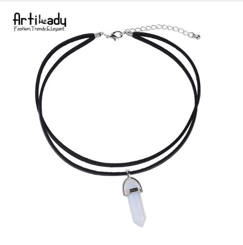 Artilady PU Leather Opal Choker Necklace – Women’s Fashion