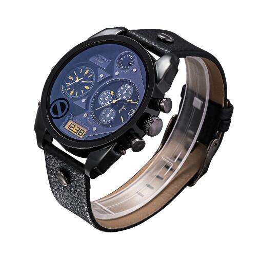 Cagarny Men Quartz Watches Men's Wristwatches Leather Watchband Dual Time Zones