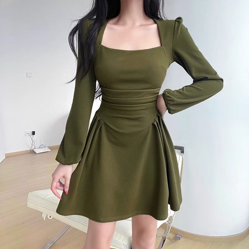 Style Square Neck Long Sleeve Dress for Plus Size Women, Vintage Waist-Cinching Slim Fit Tea-Length A-Line Mini Dress