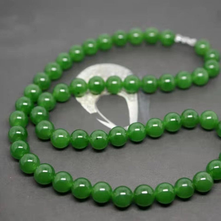 Hetian Biyu necklace, spinach green jade necklace, round bead style, Taiwan green jade necklace