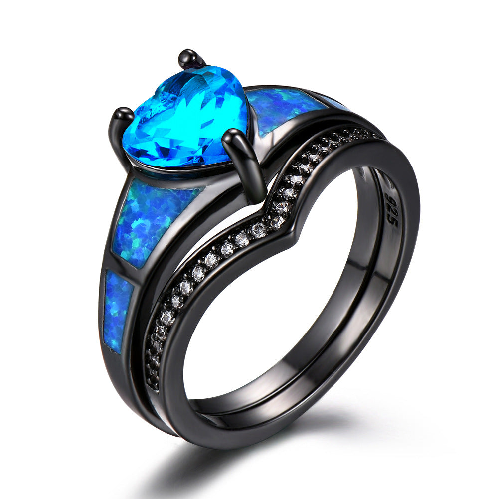 Heart Fire Opal Rings For Women Vintage Fashion Jewelry Engagement Black Gold Filled Rainbow Blue Birthstone Ring