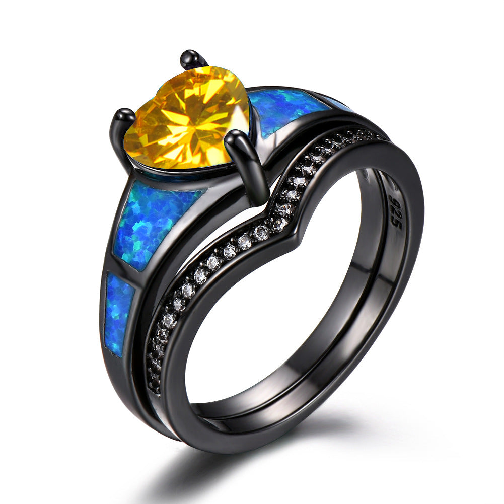 Heart Fire Opal Rings For Women Vintage Fashion Jewelry Engagement Black Gold Filled Rainbow Blue Birthstone Ring