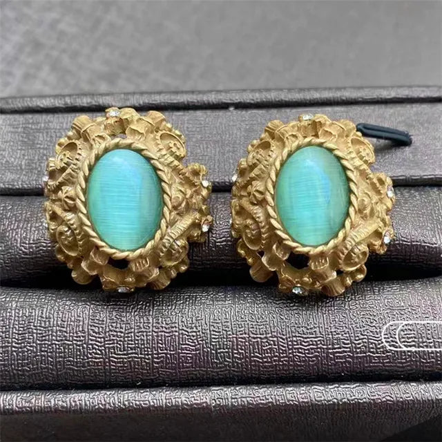 Vintage Metal Stud Earrings Natural Stone Opal Brass for Women Gold Color Jewelry New Elegant Travel Gift
