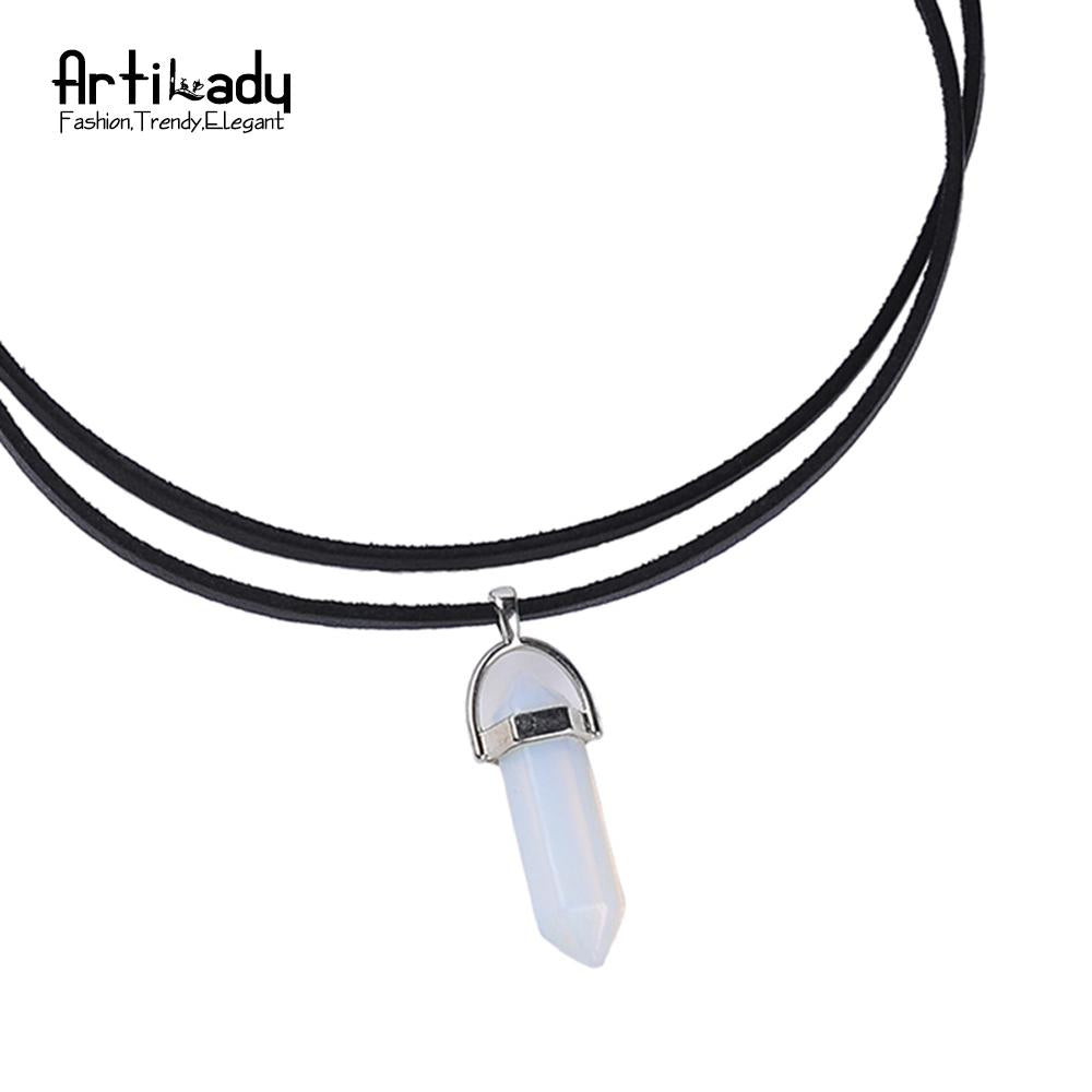 Artilady PU Leather Opal Choker Necklace – Women’s Fashion