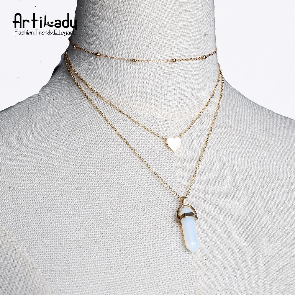 Artilady 3 layer opal pink stone necklace heart with multi stone
