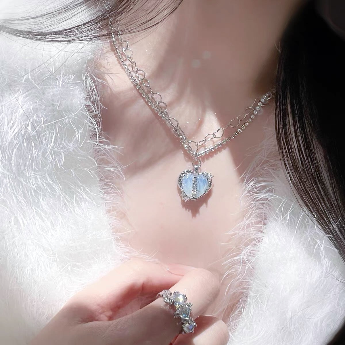 Multi-Layer Flash Diamond Split Micro-Set Zircon Love Necklace Female Niche Design Heart-Shaped Opal Crystal Clavicle Chain