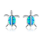 Women Fashion Blue Fire Opal Stud Earrings Cute Design Sea Turtle Shaped Silver Plate Stud Earring