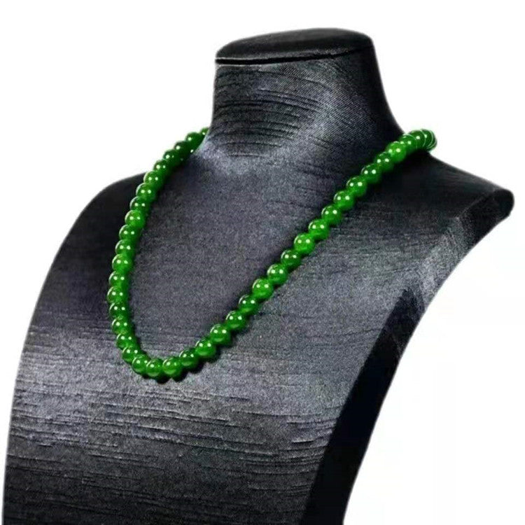 Hetian Biyu necklace, spinach green jade necklace, round bead style, Taiwan green jade necklace