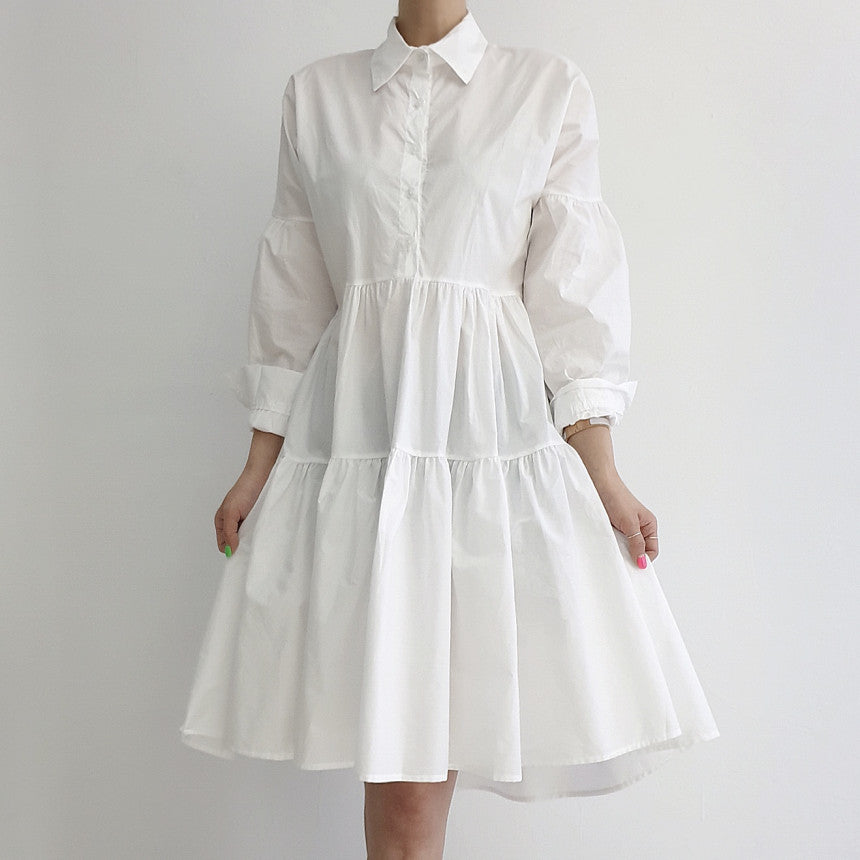 Autumn  Korean Design White Black Shirt Dress Female Korean Loose White Dress