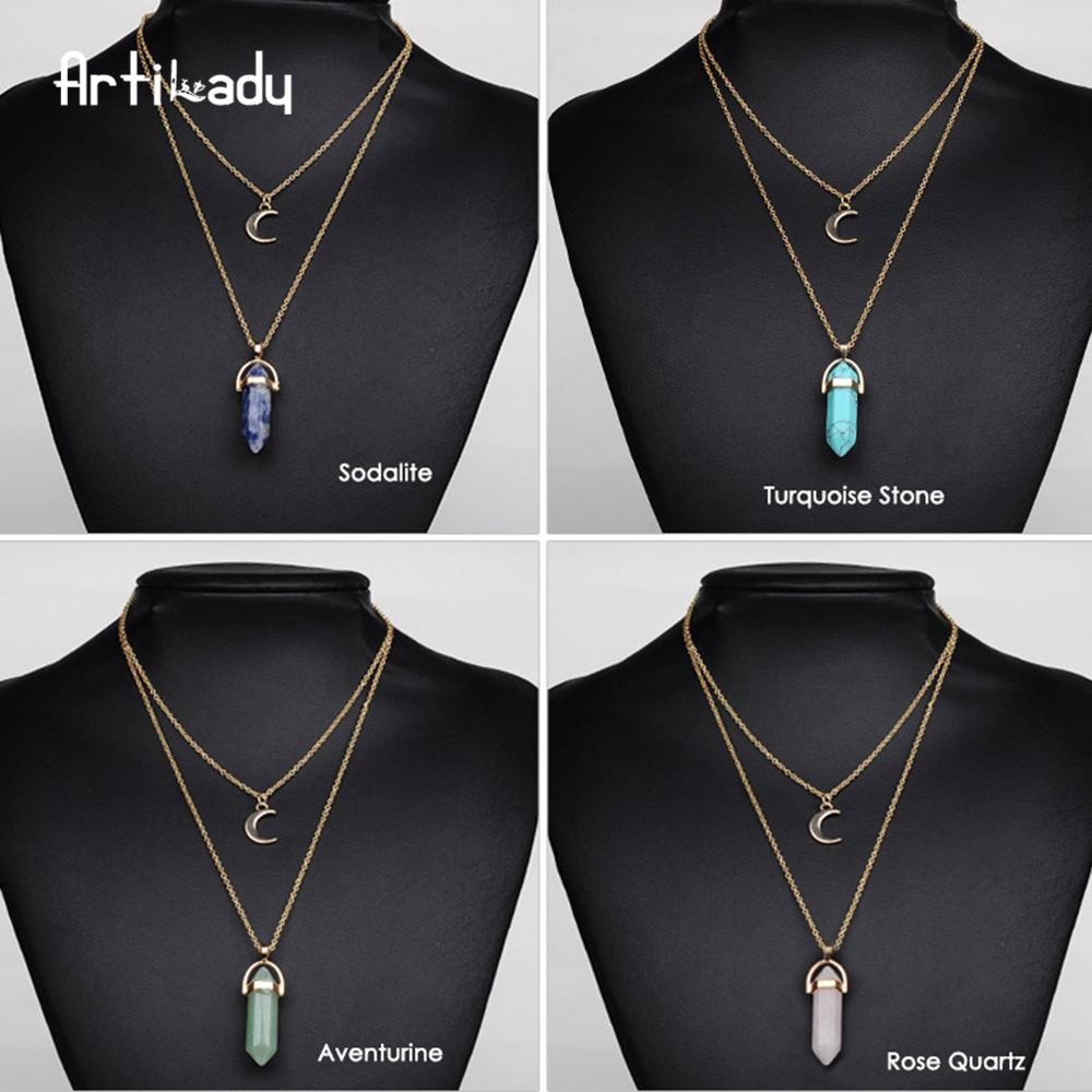 Artilady Natural Opal Moon Choker Necklace – Crystal Stone Pendant