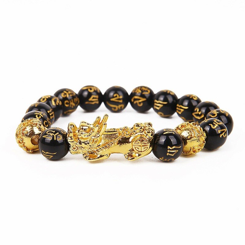 1pc Feng Shui 10-12mm Black Beads Alloy Wealth Bracelet Bangles With Golden Pixiu Charm bracelet  Gifts for Men Women