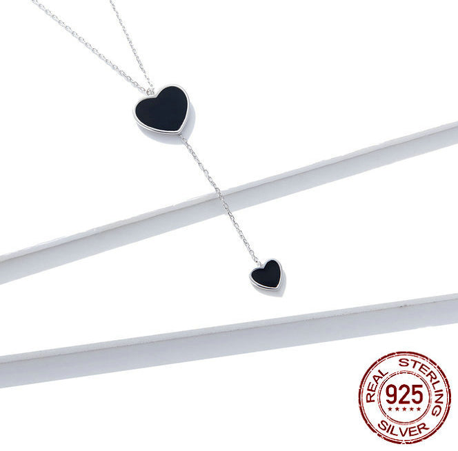 S925 Sterling Silver Black Heart Clavicle Chain Women  Necklace