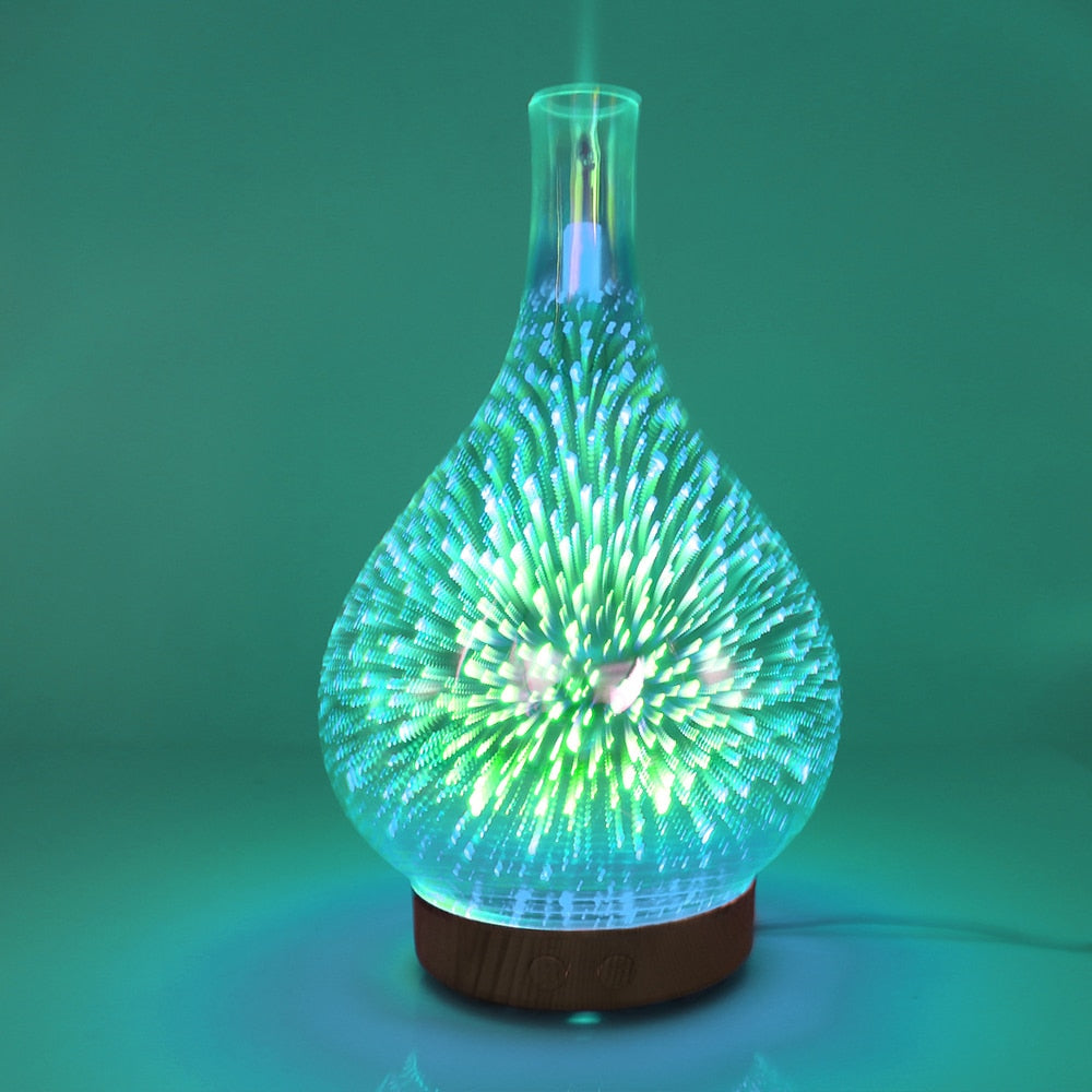 3D Fireworks LED Night Light Air Humidifier Glass Vase Shape Aroma Essential Oil Diffuser Mist Maker Ultrasonic Humidifier Gift