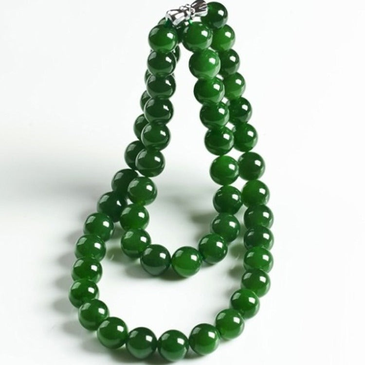 Hetian Biyu necklace, spinach green jade necklace, round bead style, Taiwan green jade necklace