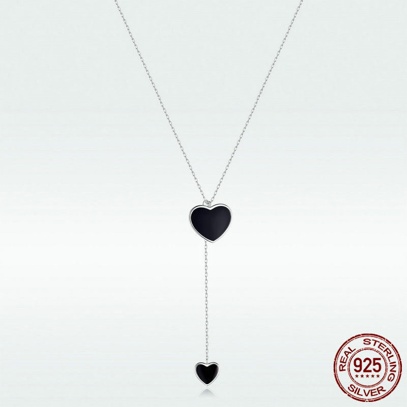 S925 Sterling Silver Black Heart Clavicle Chain Women  Necklace