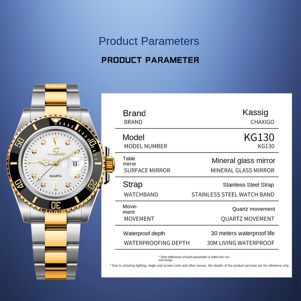 Swiss Brand CHAXIGO Men's Watch Green Submariner Style Waterproof Versatile Alloy Quartz Watch