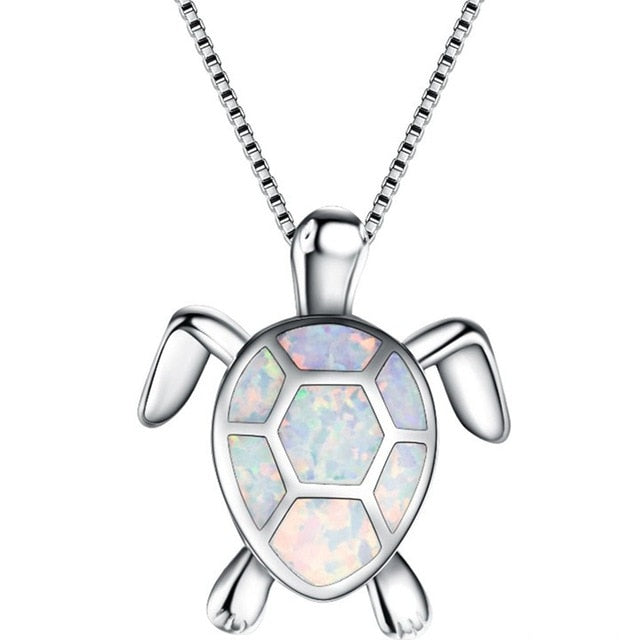 Silver Filled Blue Opal Sea Turtle Pendant Necklace Women Female Animal Wedding Ocean Beach Jewelry