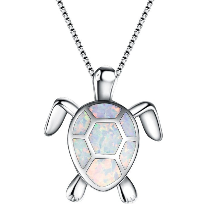 Silver Filled Blue Opal Sea Turtle Pendant Necklace Women Female Animal Wedding Ocean Beach Jewelry