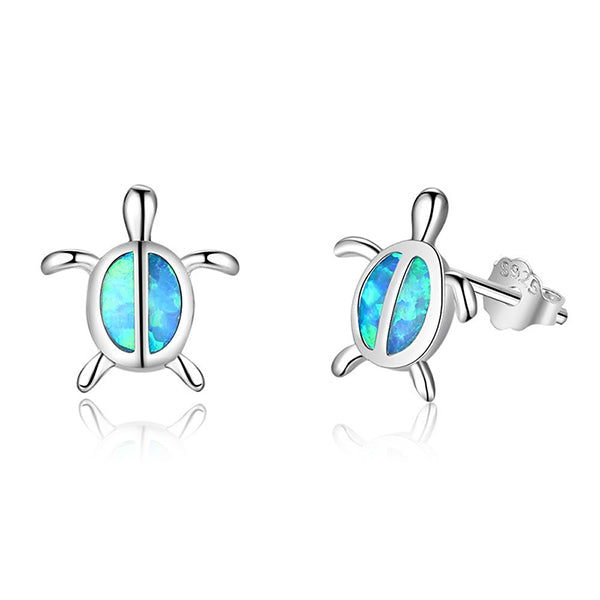 Women Fashion Blue Fire Opal Stud Earrings Cute Design Sea Turtle Shaped Silver Plate Stud Earring