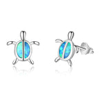 Women Fashion Blue Fire Opal Stud Earrings Cute Design Sea Turtle Shaped Silver Plate Stud Earring