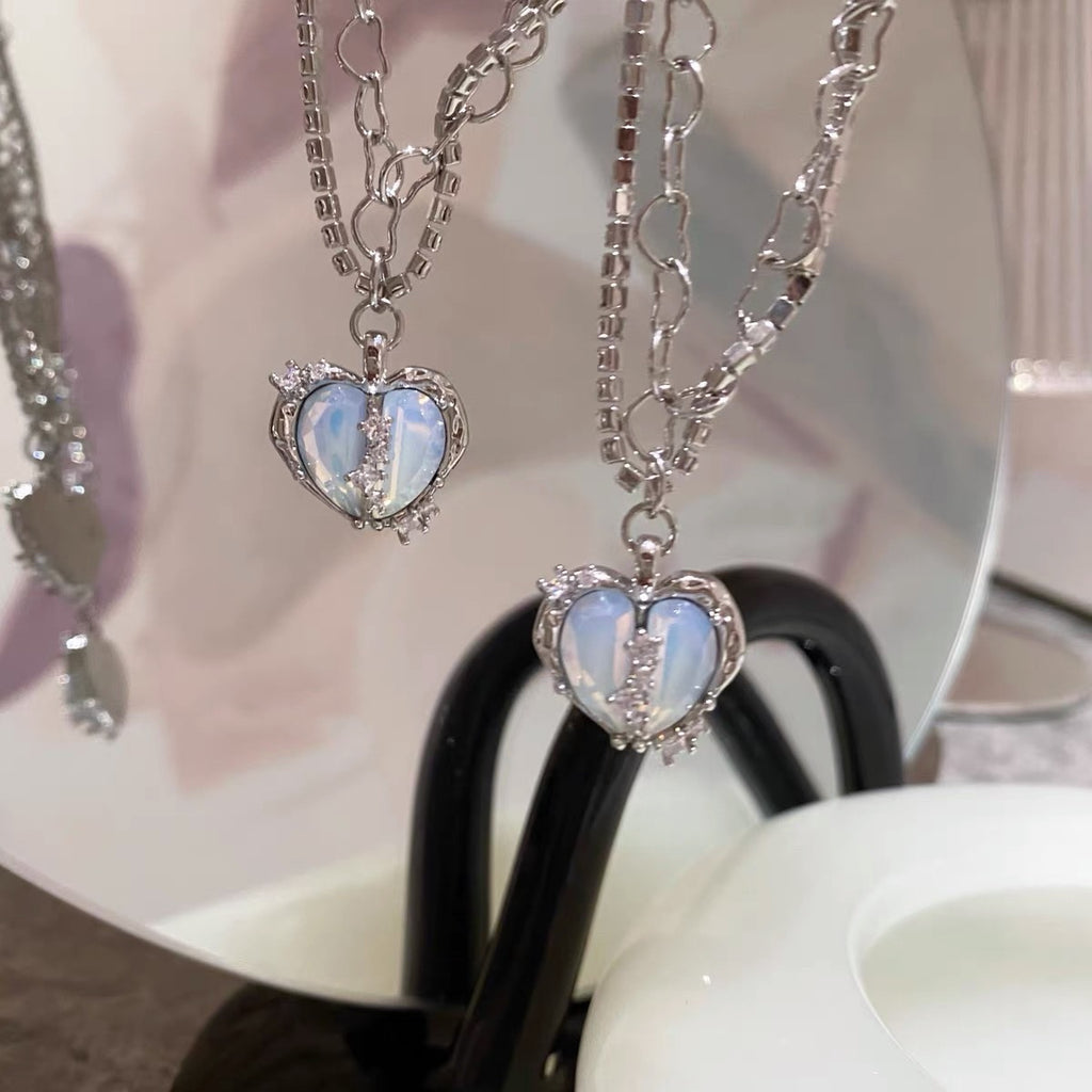 Multi-Layer Flash Diamond Split Micro-Set Zircon Love Necklace Female Niche Design Heart-Shaped Opal Crystal Clavicle Chain