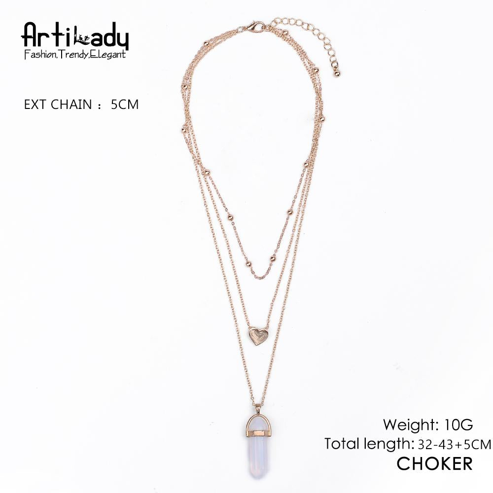 Artilady 3 layer opal pink stone necklace heart with multi stone