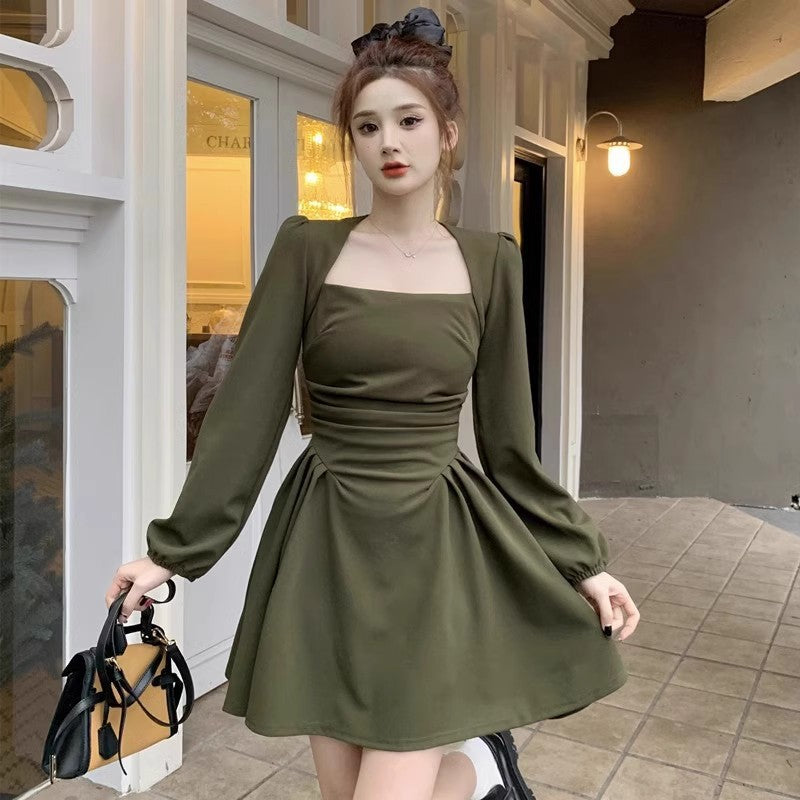 Style Square Neck Long Sleeve Dress for Plus Size Women, Vintage Waist-Cinching Slim Fit Tea-Length A-Line Mini Dress