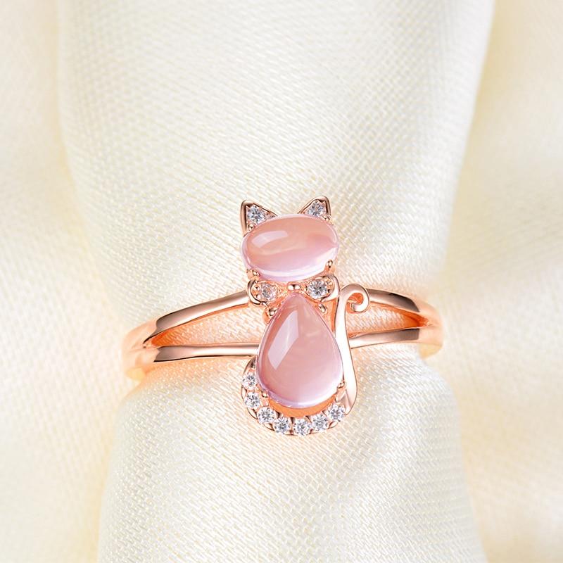 Cute Cat Animal CZ Ross Quartz Crystal Pink Opal Rings