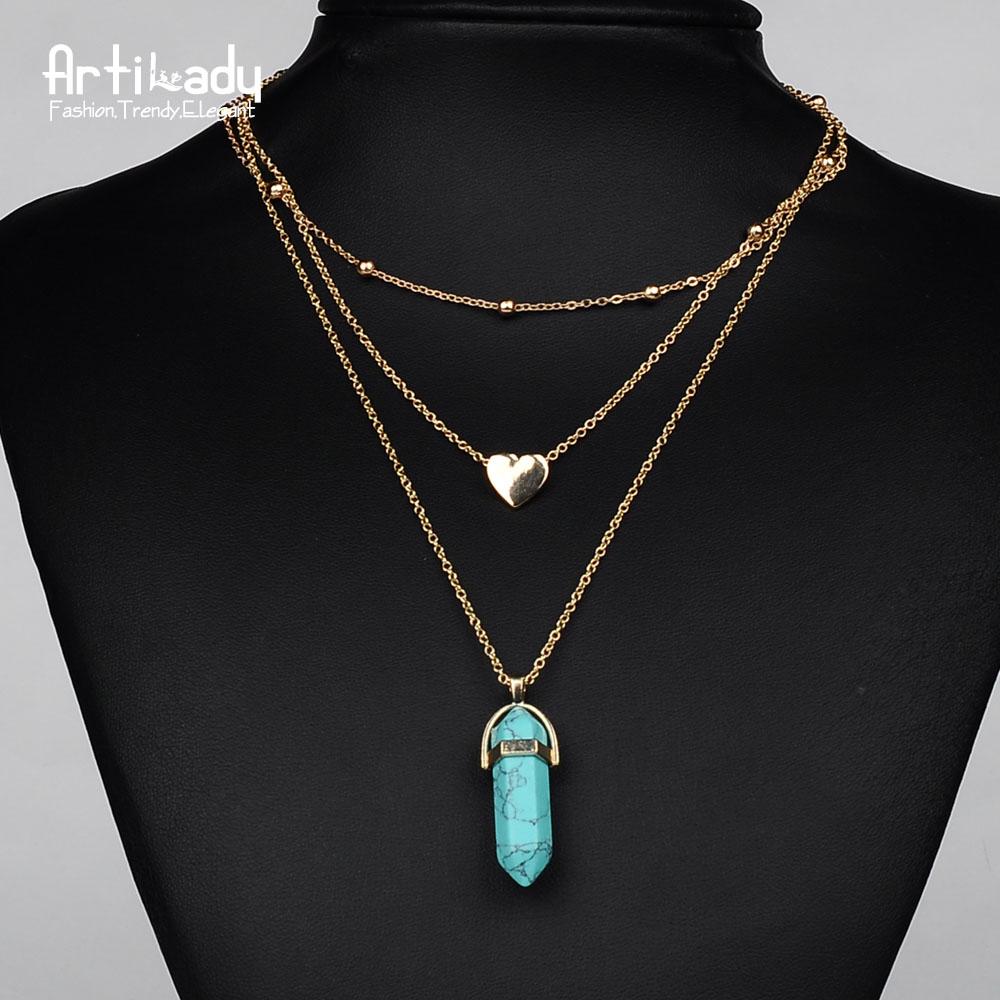 Artilady 3 layer opal pink stone necklace heart with multi stone