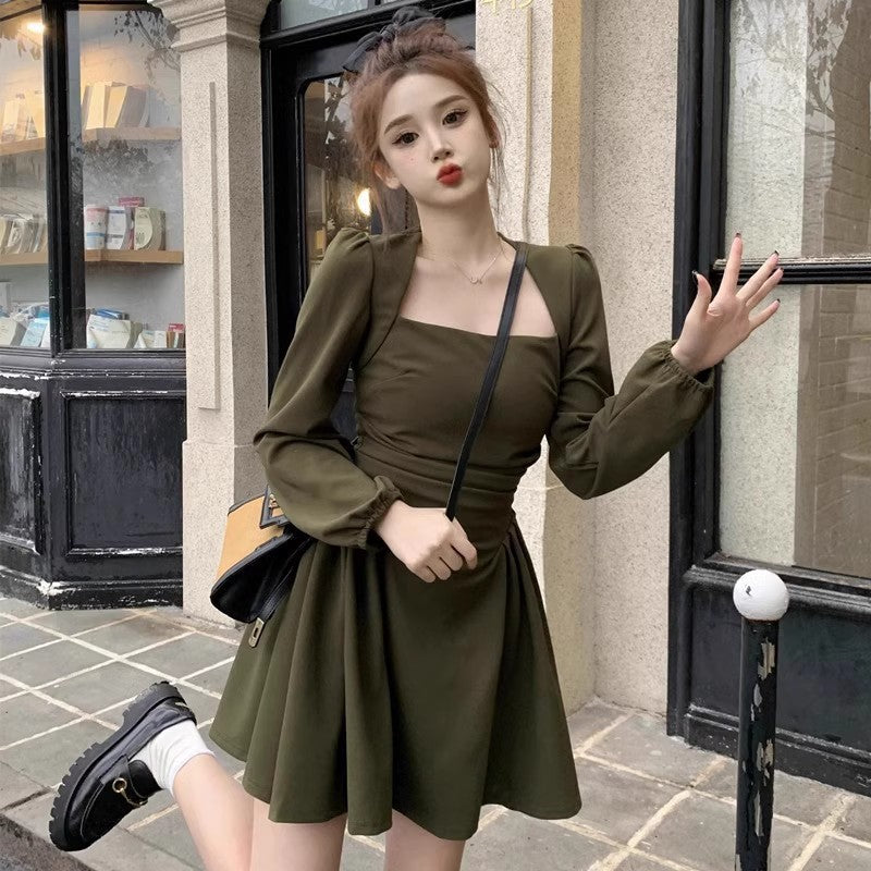 Style Square Neck Long Sleeve Dress for Plus Size Women, Vintage Waist-Cinching Slim Fit Tea-Length A-Line Mini Dress