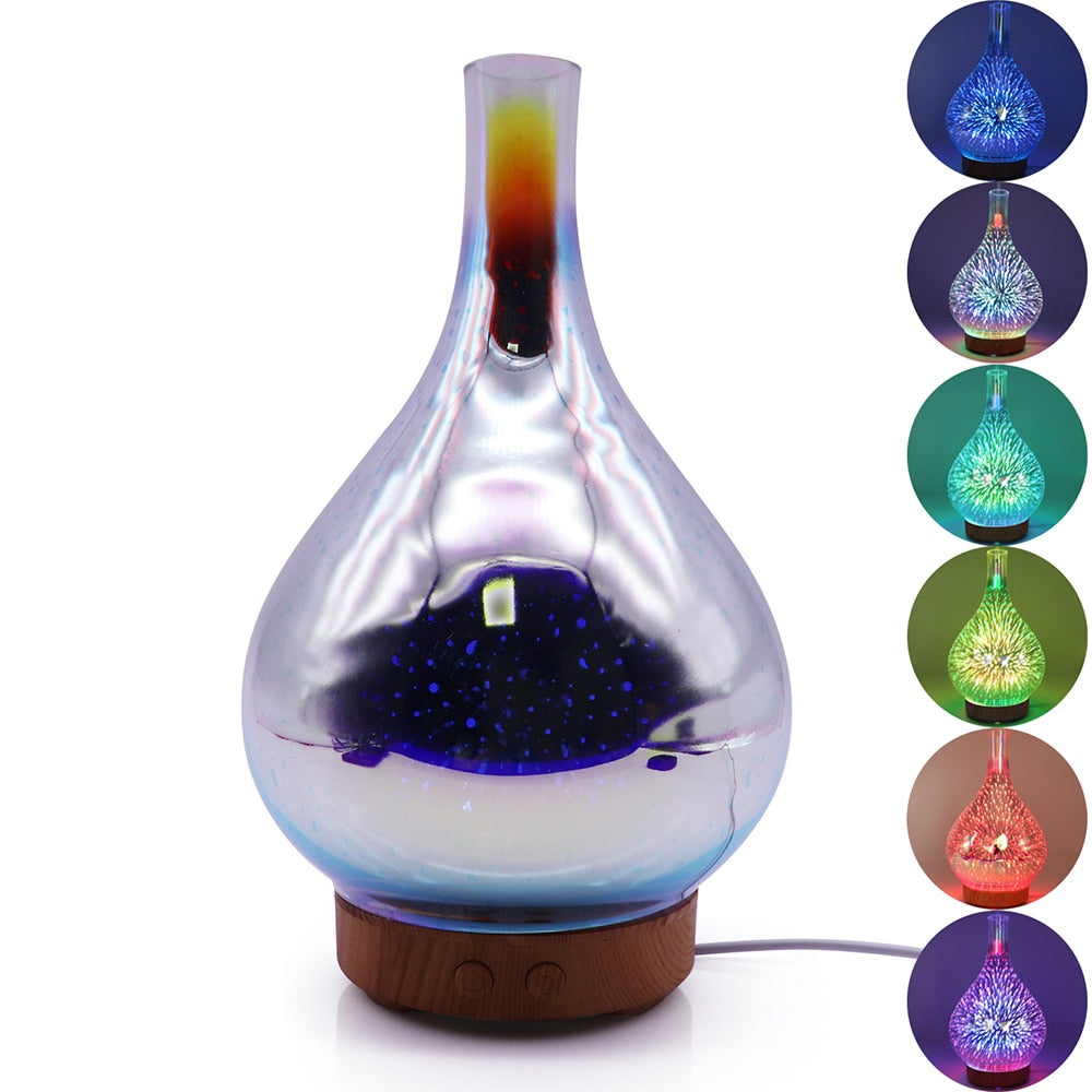 3D Fireworks LED Night Light Air Humidifier Glass Vase Shape Aroma Essential Oil Diffuser Mist Maker Ultrasonic Humidifier Gift