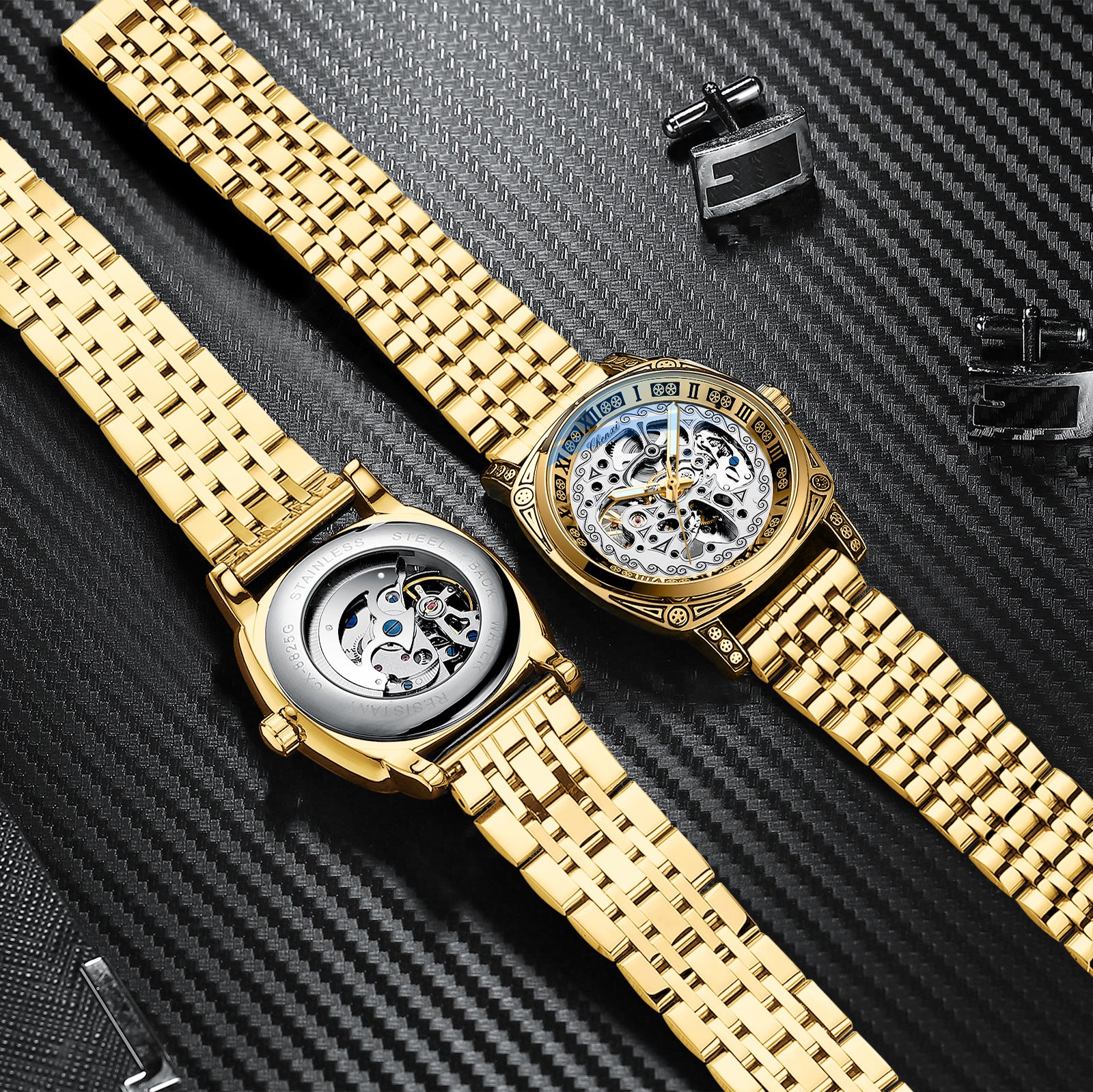 Dress: Vintage Engraved Mechanical Watch Men's Leather Waterproof Hollow-Out Fashion Style Men's Watch