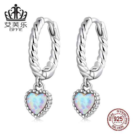 EIFFIE Silver S925 Love Opal Stud Earrings Platinum Plated Heart Shape Simple Buckle Earrings